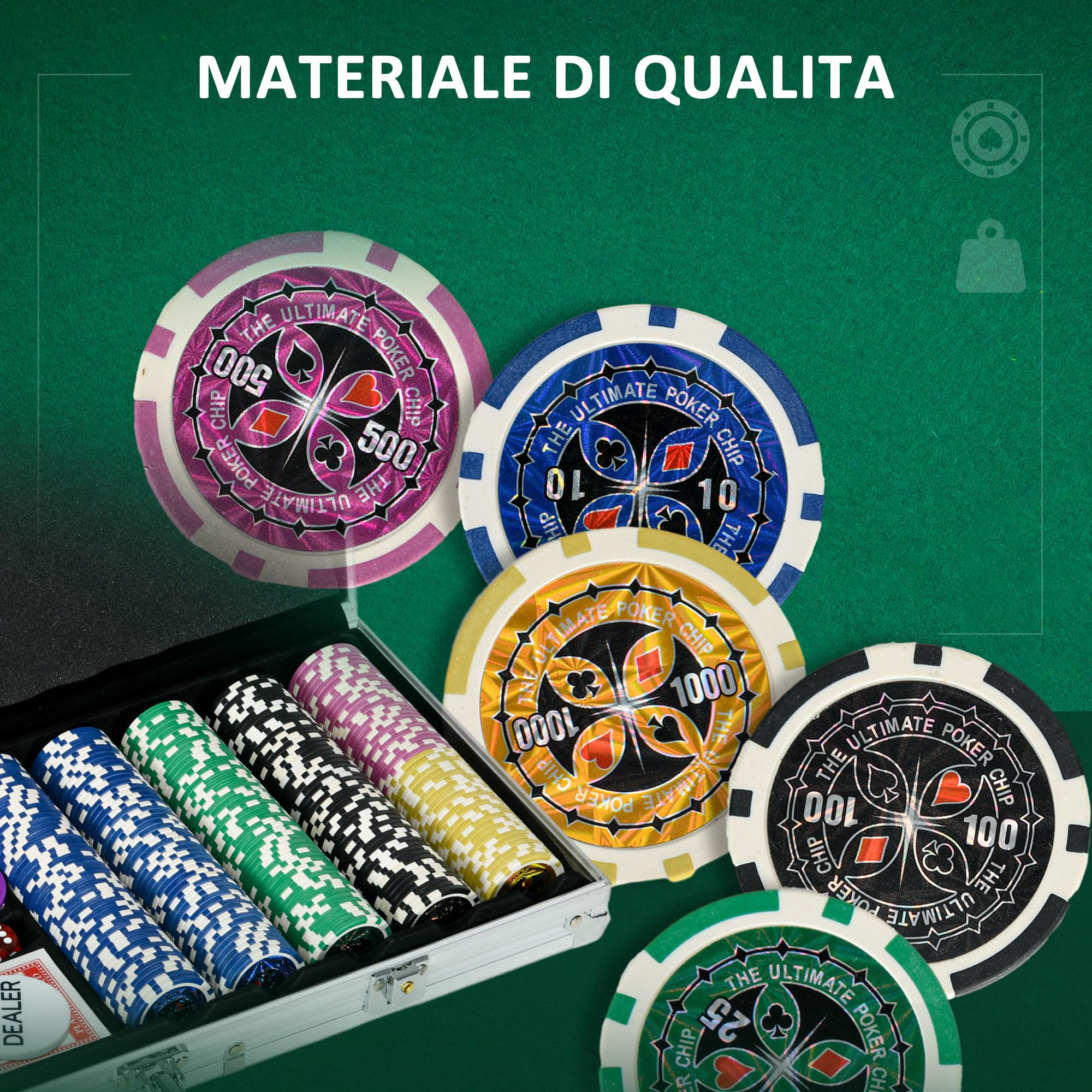 SPORTNOW Set Poker Professionale 500 Fiches 11.5g, 2 Mazzi Carte, 5 Dadi, Alluminio Poliestere Argento