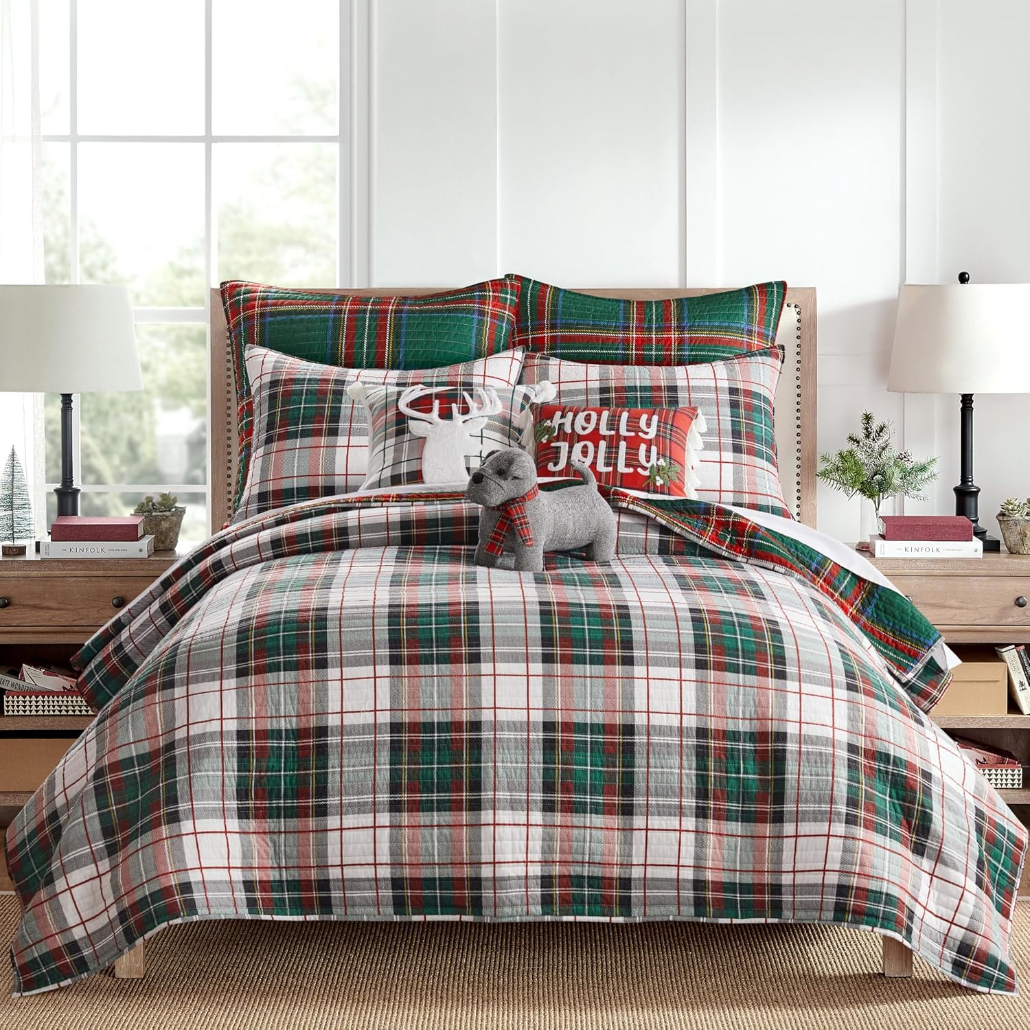 Levtex Home - Spencer Plaid Quilt - Full/Queen - Christmas Tartan Plaid - Green, White, Red - Quilt (88x92in.) - Reversible - Cotton/Poly Quilt - Full/Queen Green