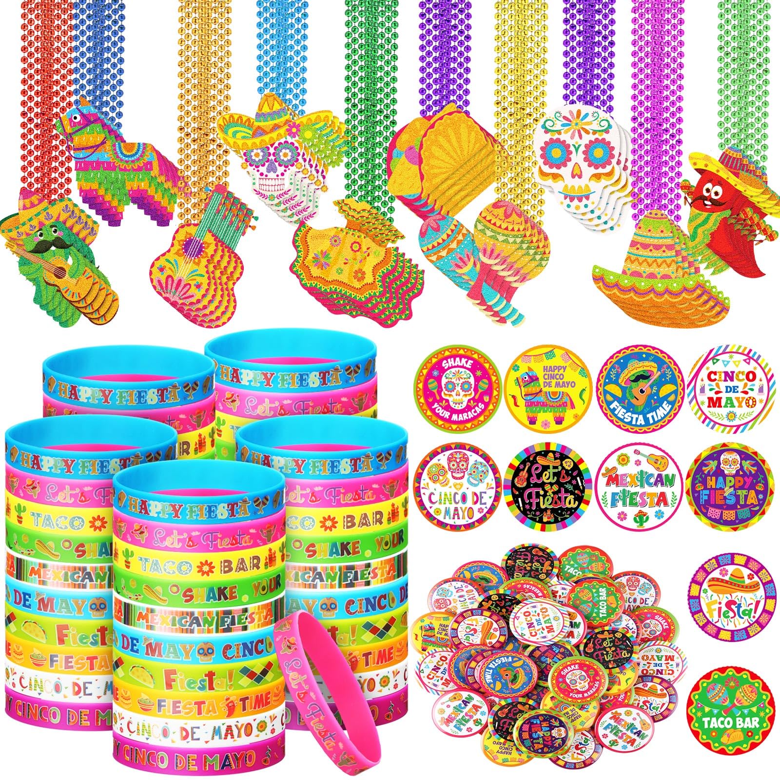 Highergo Set di 150 bomboniere messicane per feste, 50 spille cinco de mayo, 50 collane con perline Fiesta, 50 bomboniere, braccialetti in silicone per feste di compleanno, festival (festa messicana)