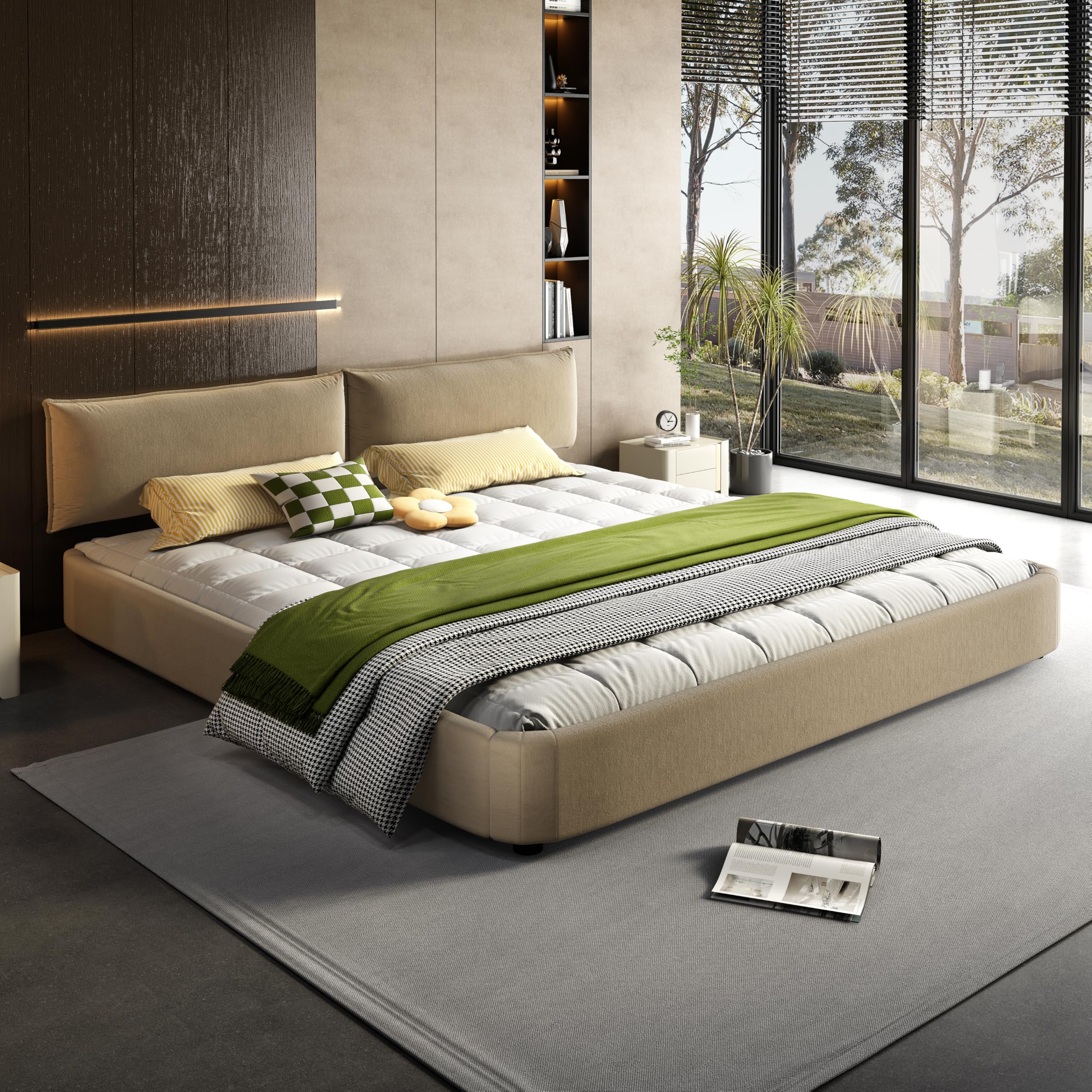 KEIKI King Size Cloud Bed Frame with Oversized Padded Movable Headboard, Chenille Upholstered Bed with Round Corner for Bedroom, No Box Spring Needed,