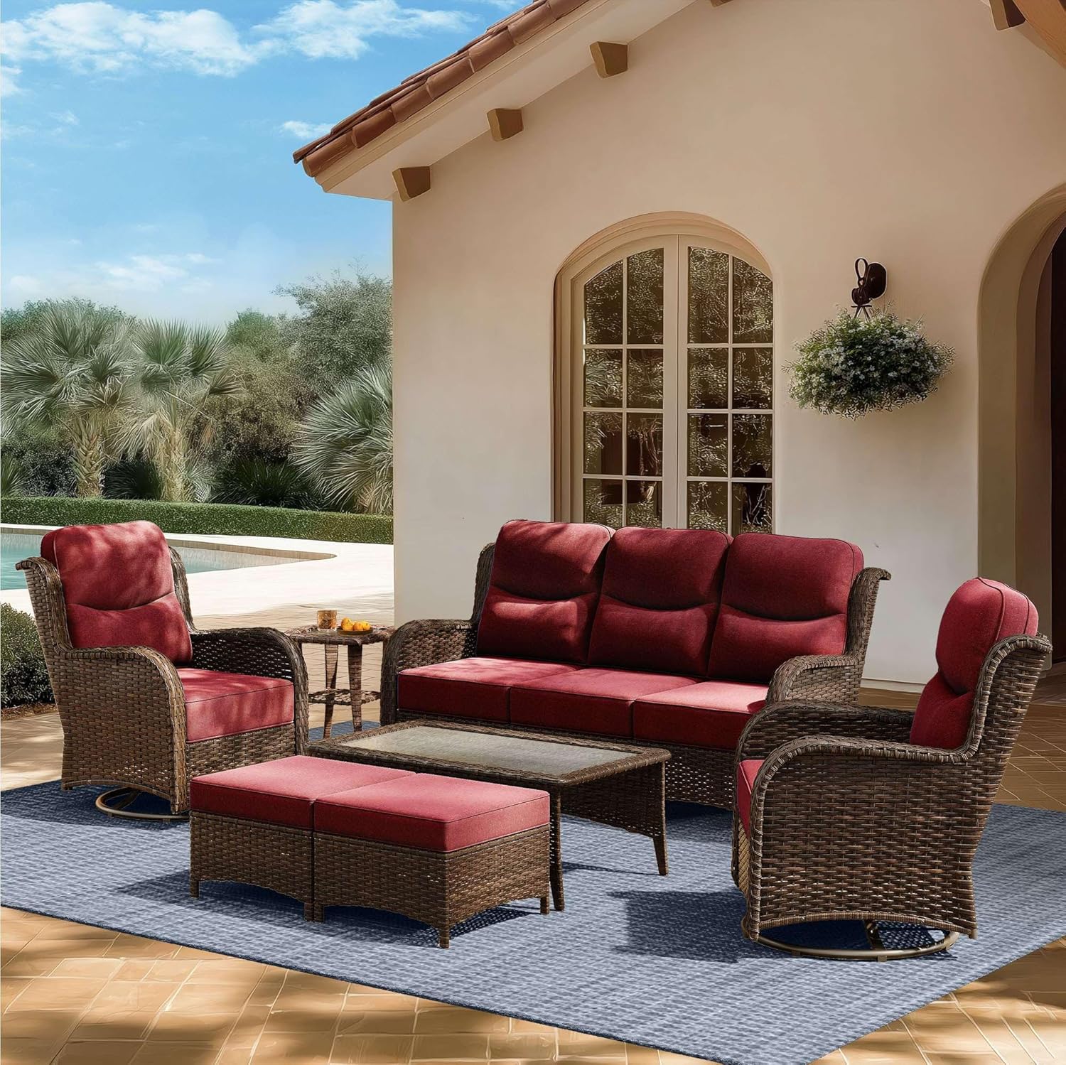 High Back Outdoor Furniture with Extra Thick Cushion Patio Swivel Rocking Chairs, 5PCS Oversized Comfort Wicker Conversation Set for Porch, Deck, Yard in Blue