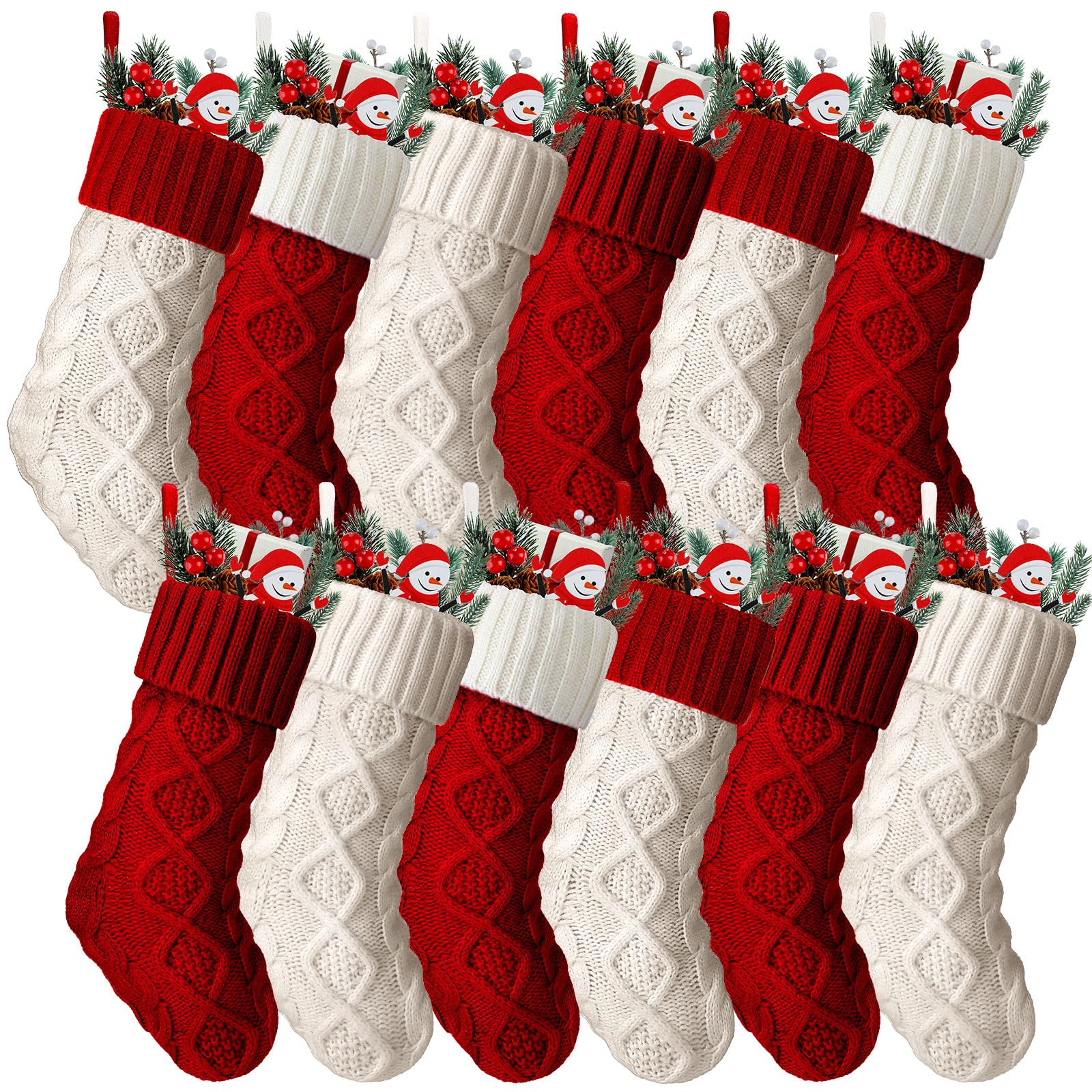 Hungdao Mini-Weihnachtsstrümpfe, gestrickt, 21,6 cm, rustikale Socken, doppelseitig, Kamin, hängende Vintage-Strümpfe für Familie, Weihnachtsdekoration, Rot, Weiß, 12 Stück