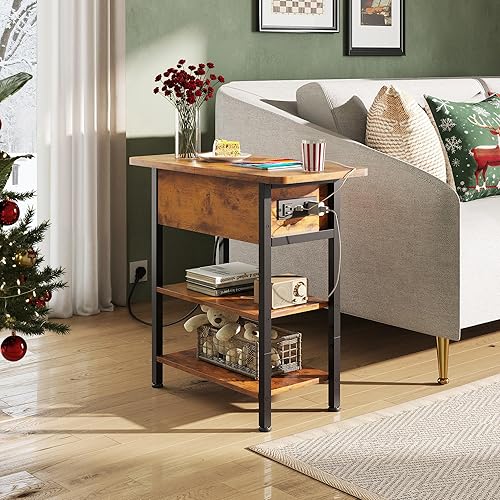 Miniatura 5 de WLIVE Mesa auxiliar con estación de carga, mesa auxiliar estrecha con tapa abatible y estante de almacenamiento, mesita de noche pequeña con puertos