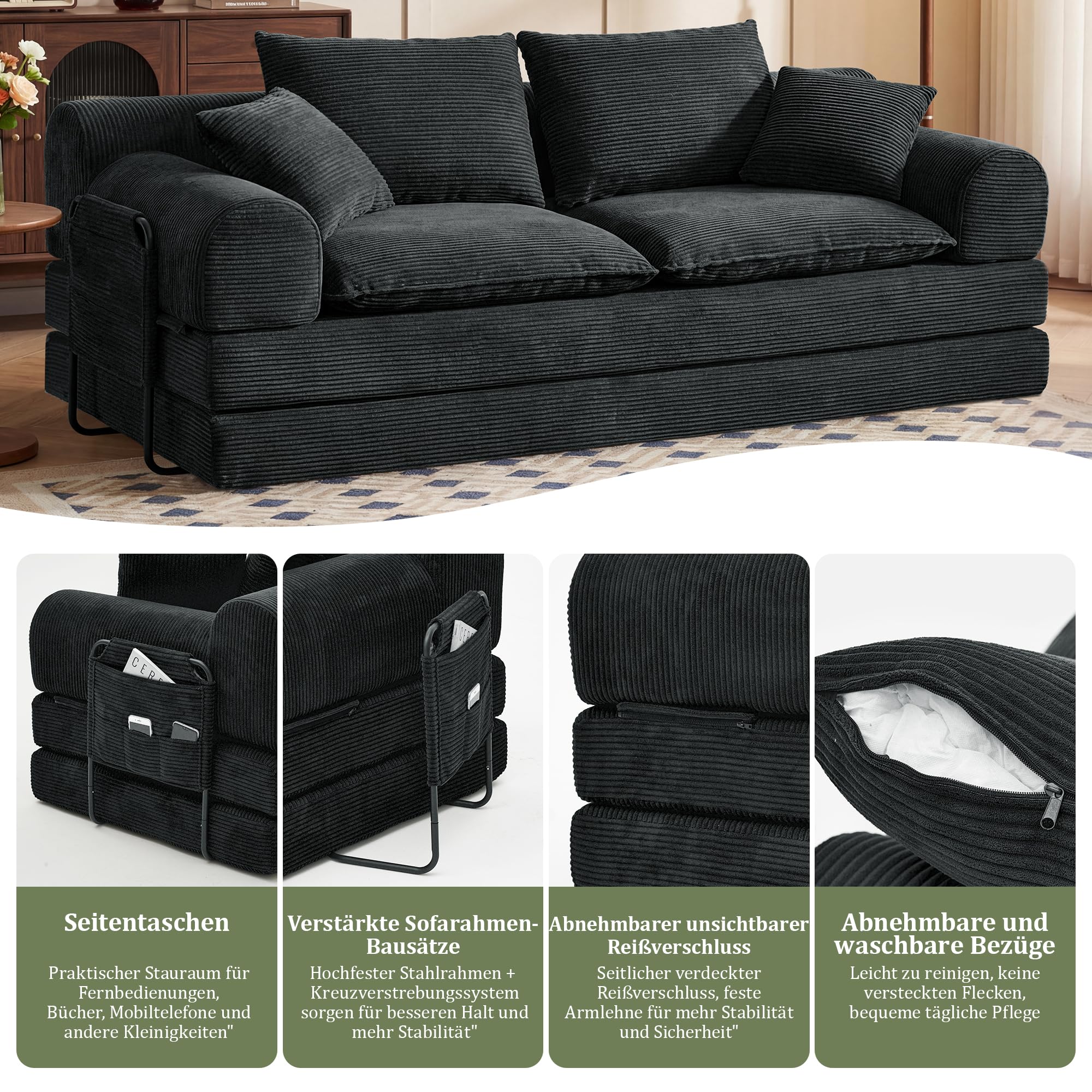 Vipbear Schlafsofa 201cm Breit, Boneless Couch mit Schlaffunktion Cord Sofa | 5-in-1 Bodensofa, 3 Sitzer Boneless Schlafcouch, Cloud Modulares Sofa Bed für Wohnzimmer Schlafzimmer Lounge Schwarz
