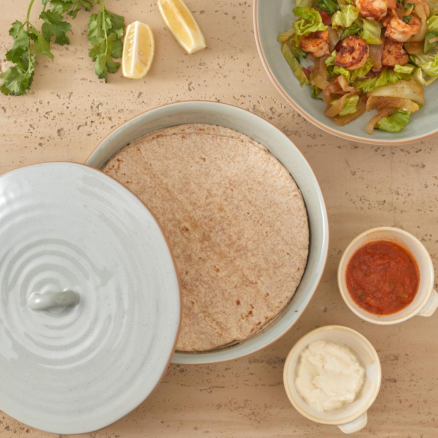 Bico Light Sage Green 9 inch Stoneware Tortilla Warmer with Lid, Microwave and Dishwasher Safe, Taco Holder for Mexican Fiesta Party, Taco Tuesday, Cinco De Mayo - Image 4