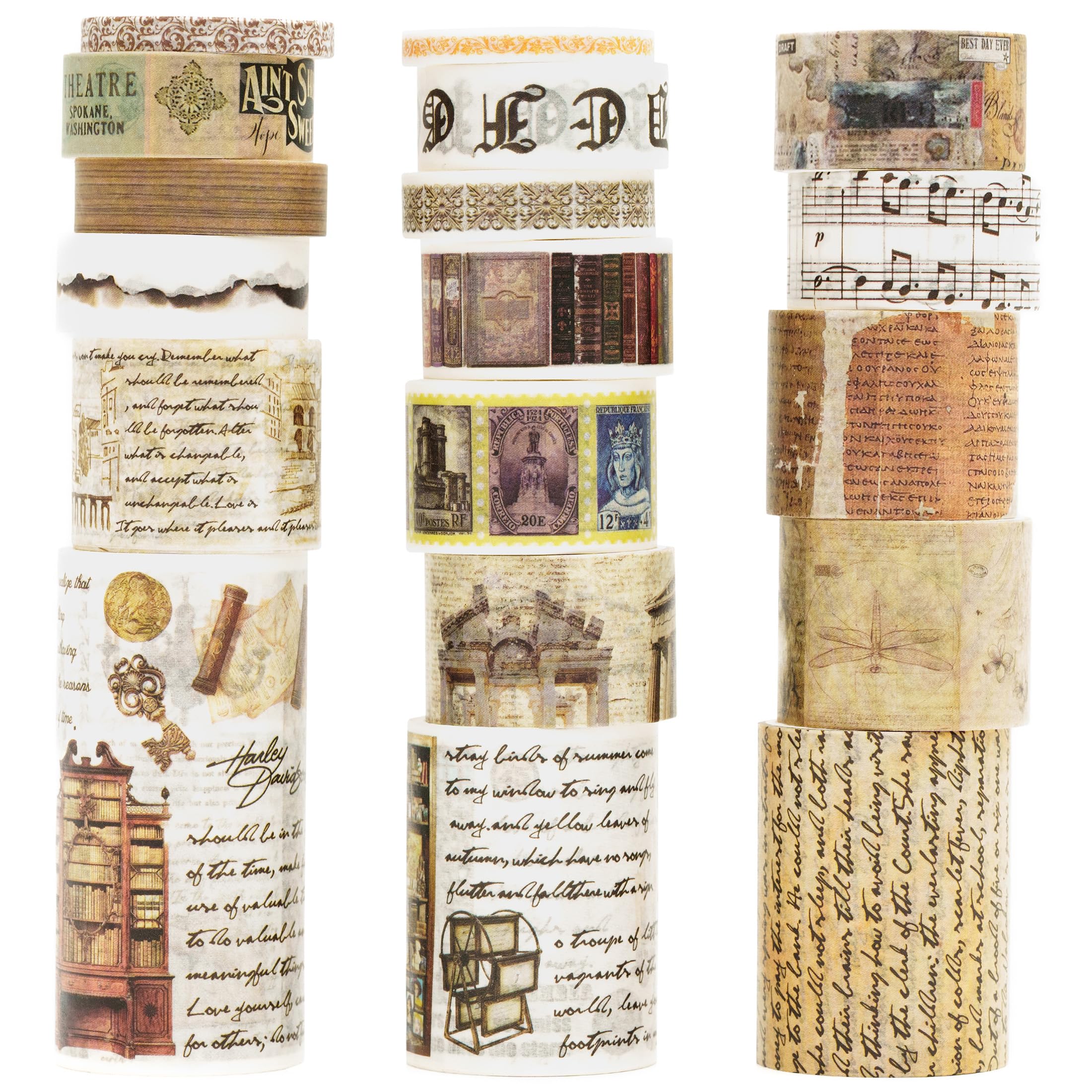 Songdao 18 Rolls Vintage Washi Tape Pack Retro Arts Adhesive Tapes Wide Monologue Decorative Masking Tape Sets for Craft, Kids, Scrapbook, DIY, Gift