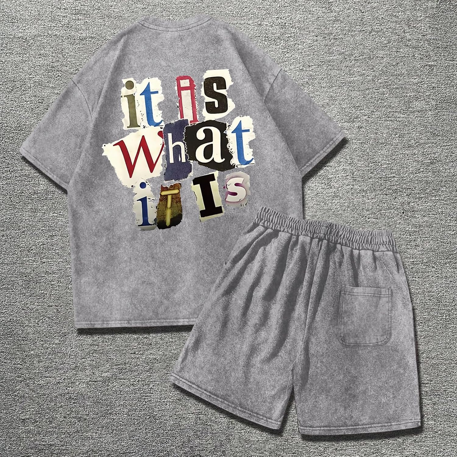 Men's 2 Piece Short Sets Vintage Graphic Letter Print Washed Short Sleeve T Shirts and Drawstring Shorts Set