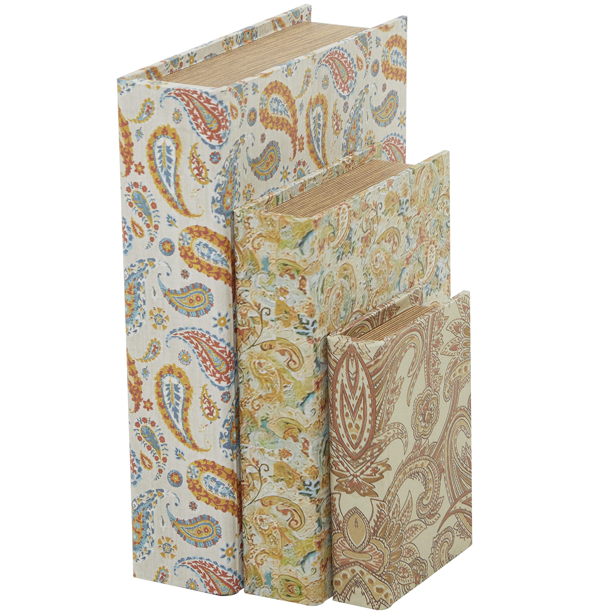 Deco 79 Canvas Decorative Box Faux Storage Book Book Shaped Boxes with Blue and Orange Paisley Floral Patterns, Set of 3 Decorative Keepsake Boxes 12", 9", 6"H, Multi Colored