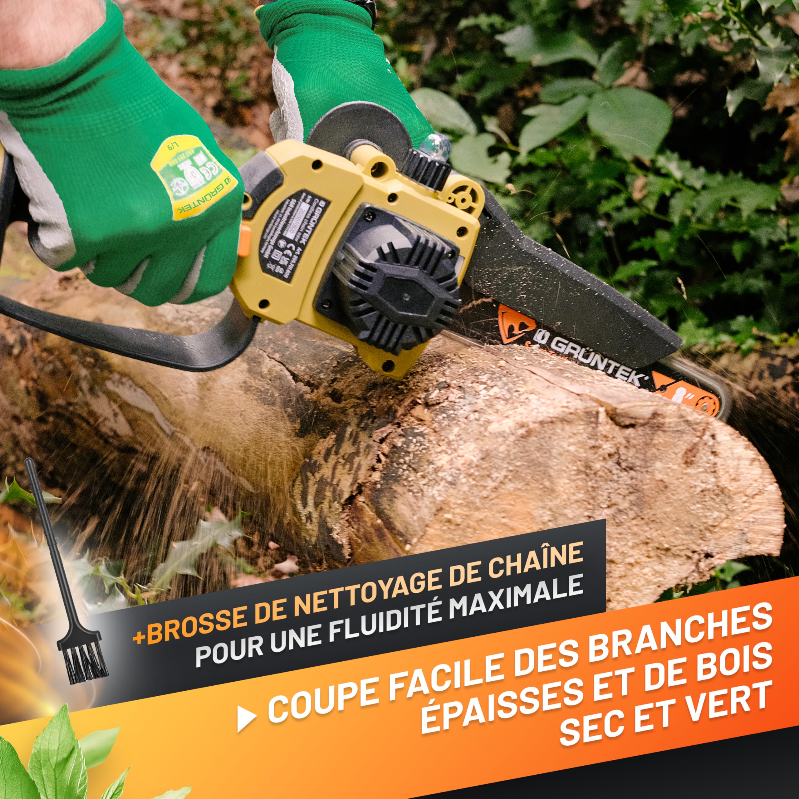 GRÜNTEK Mini Tronçonneuse à Batterie Sans Fil Brushless 21V Élagueuse Scie de Jardin Electrique avec 2 Batterie, 2 Chaînes. Kita avec accessoires de Jardin Gants et Lunettes