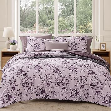 BLOOMHAVEN Queen Comforter Set-7 Pieces Purple Floral Bed in a Bag Queen