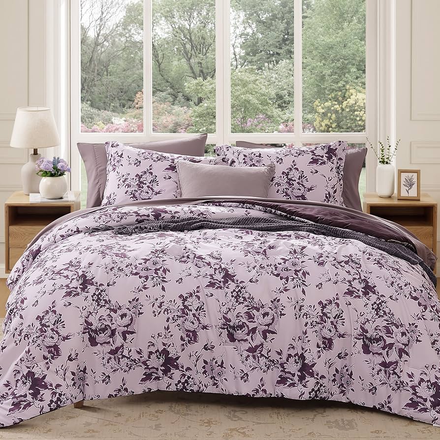 BLOOMHAVEN King Comforter Set -7 PiecesDeep Purple Floral Comforter Set for All Seasons, Bed in a Bag King with Botanical Flowers Comforter, Sheets, Pillowcases & Shams