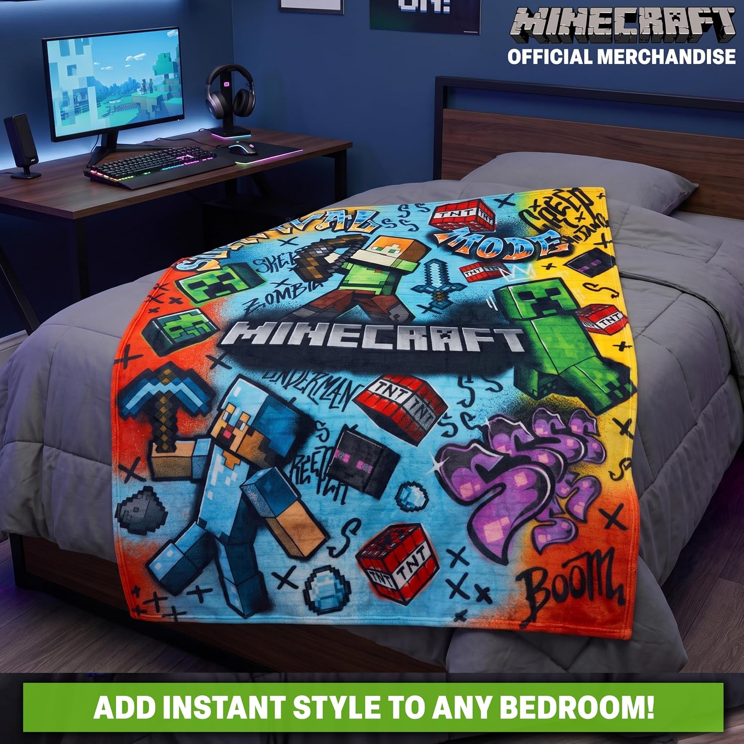 Get Trend Minecraft Graffiti Fleece Throw Blanket for Kids, 51 x 59 in