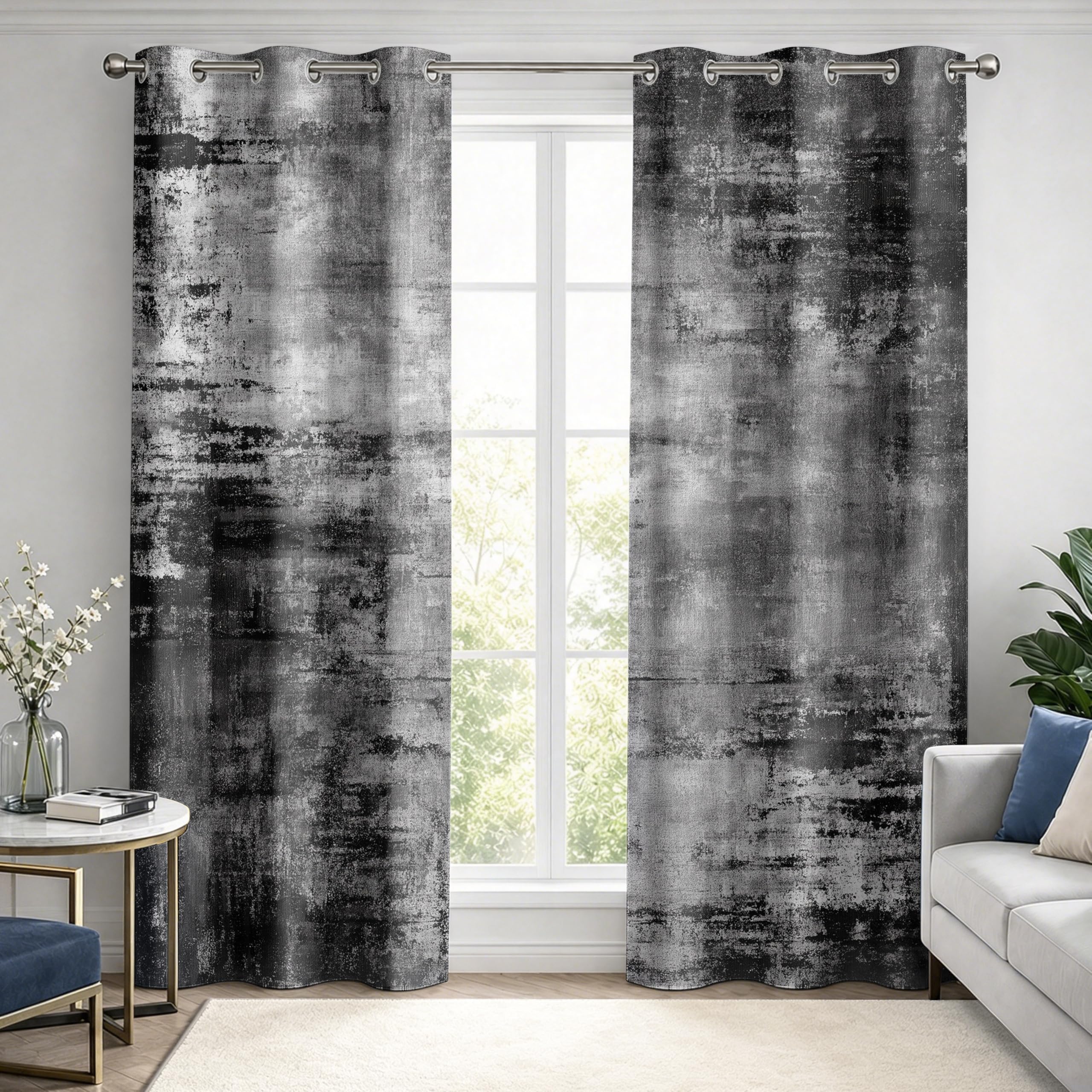 Luxfieo Black and Grey Blackout Curtains for Living Room Bedroom - 84 Inch Drop Curtains 52x84, Abstract Modern Contemporary Brush Stroke Patterned Window Treatments, Thermal Eyelet Drapes 2 Panels