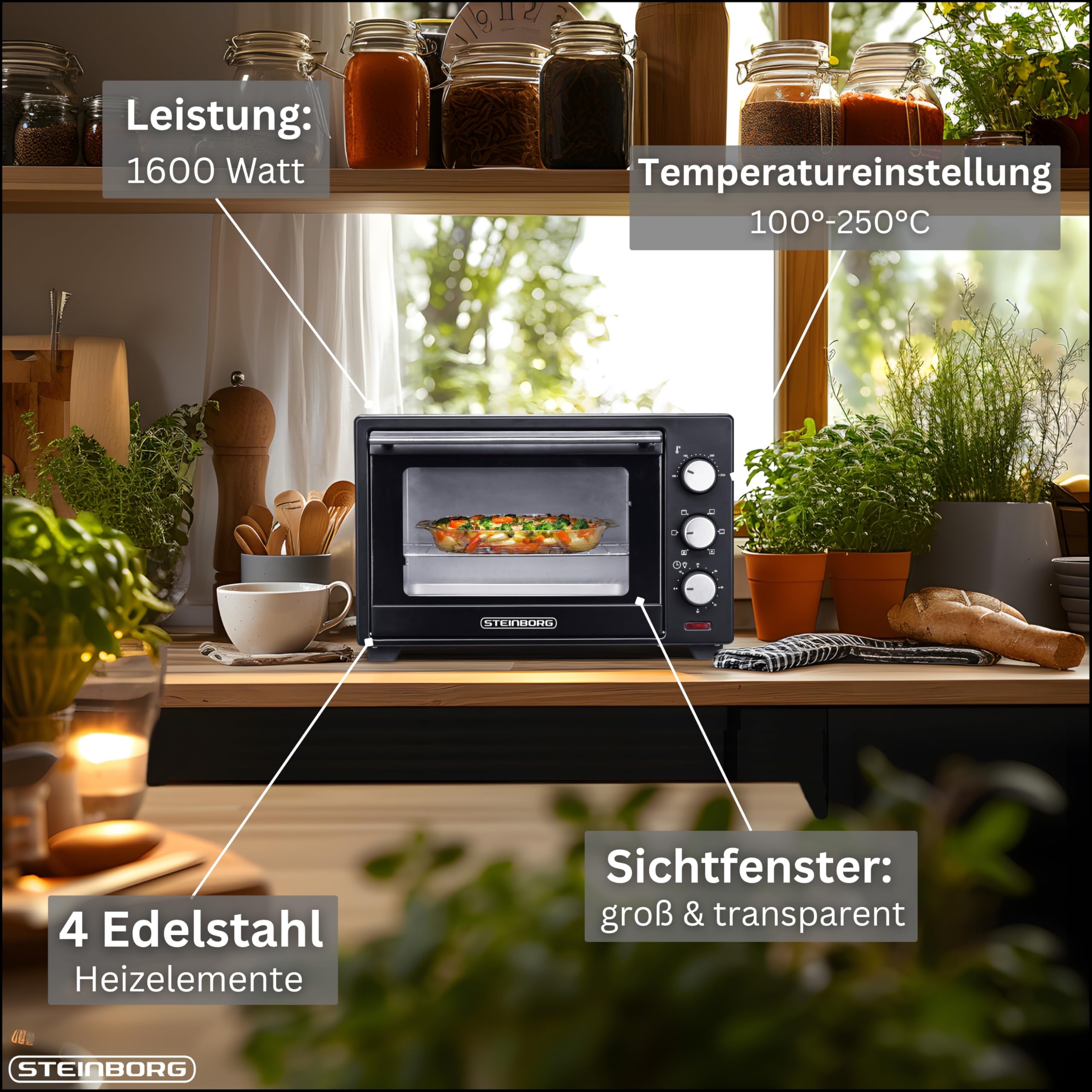 Steinborg® 25 Liter Mini Backofen mit Umluft Pizza Ofen inkl. Backblech und Grillrost Miniofen 60 Min. Timer – 1.600 Watt