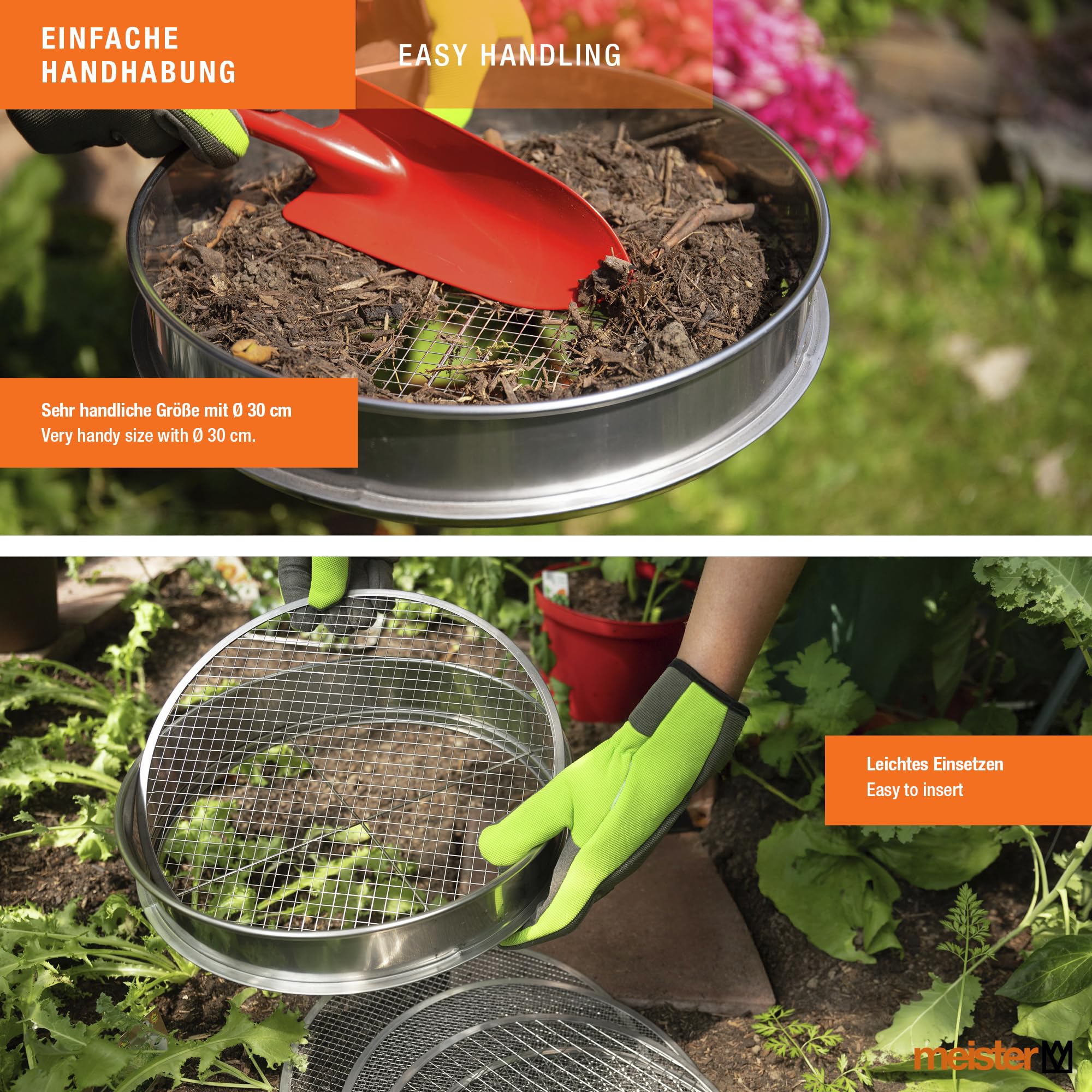 Meister Kompostsieb 5 in 1 – Gartensieb aus Edelstahl Ø 30 cm – 5 austauschbare Siebeinsätze in verschiedenen Korngrößen für Erde & Sand