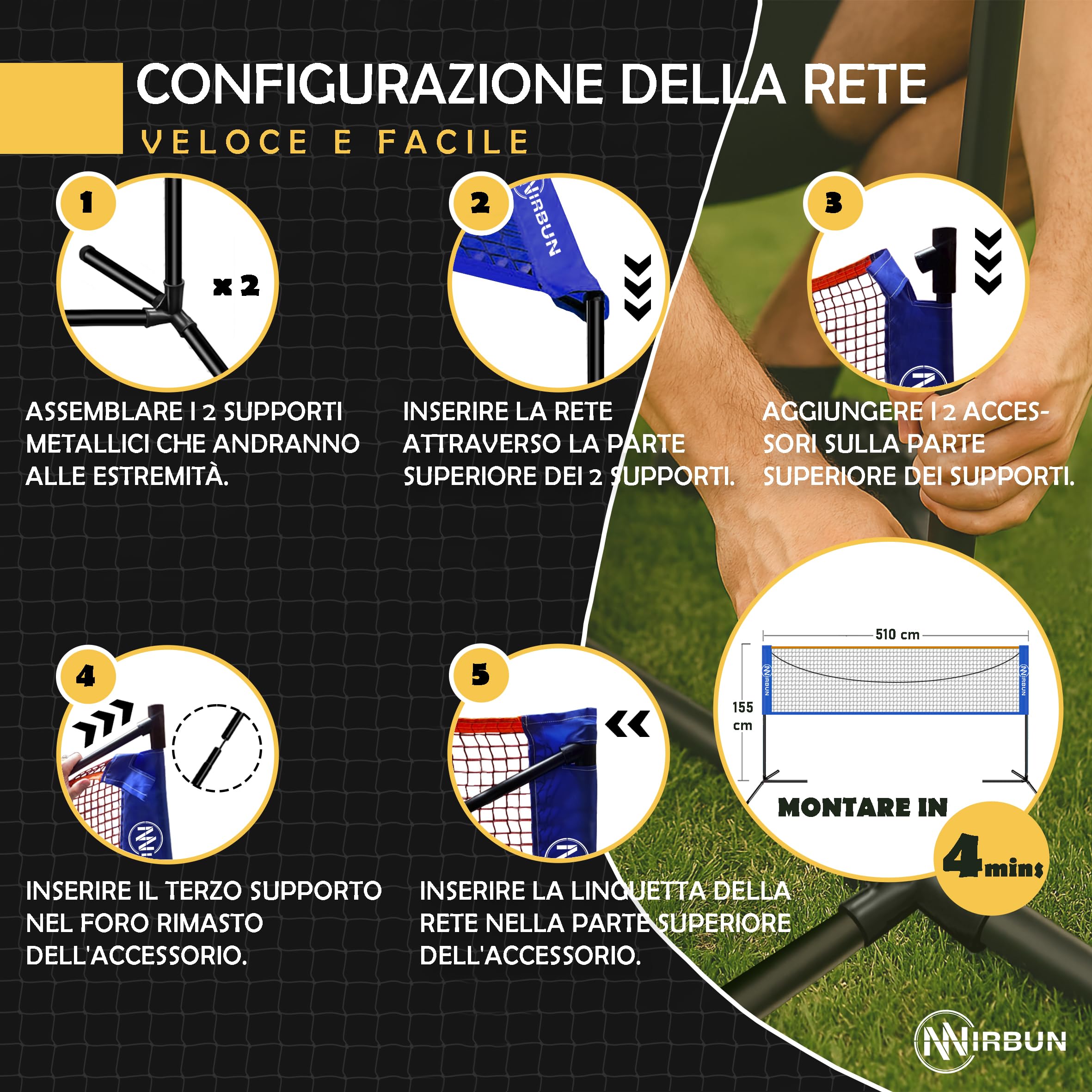 Set da badminton per 4 giocatori con rete | Racchette professionali + 3 volani + borsa per il trasporto | Robusta struttura in metallo | Rete da 5,1 | Gioco per famiglie per interni esterni