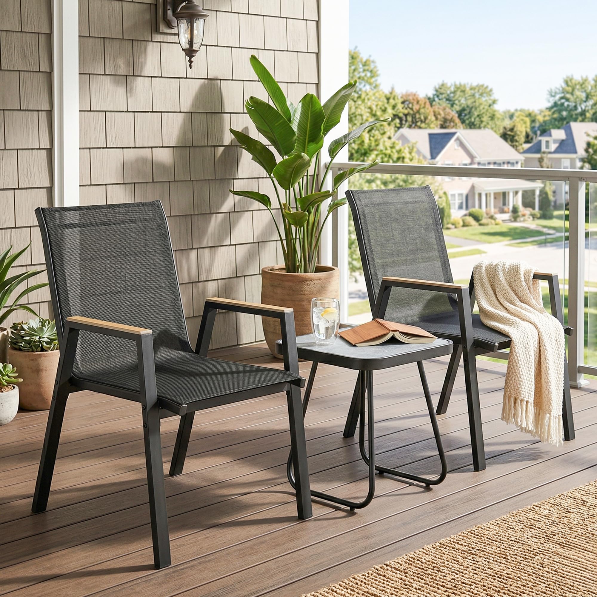 Outsunny Set da Bistrò da 3 Pezzi con 2 Sedie in Texteline, Tavolo Effetto Marmo e Braccioli Decorativi, Set di Mobili da Giardino in Metallo per Terrazzo Patio Balcone, Nero