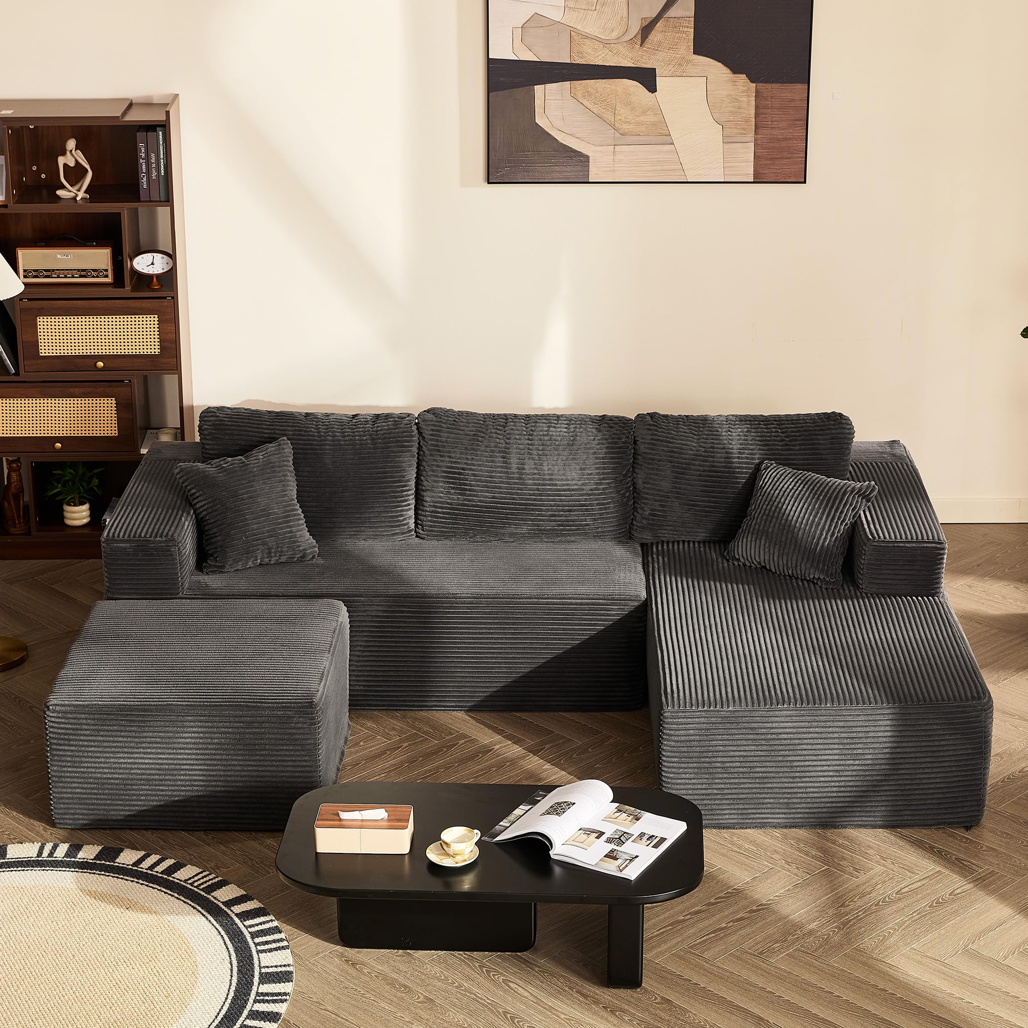 Litbird U-förmiges modulares Ecksofa 272 cm mit Schlaffunktion, rahmenloses Oversize Schlafsofa mit Chaiselongue Links, extra Tiefe Sitzfläche, montagefrei – für Wohnzimmer & Schlafzimmer,Grau