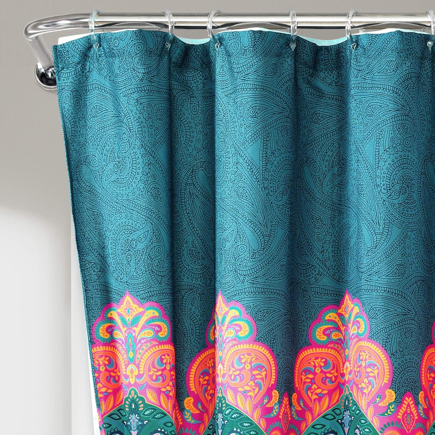 Lush Decor Boho Chic Shower Curtain with Liner and Rings 14 Piece Set 72" W x 72" L Navy - Boho Shower Curtain Set - Colorful Bathroom Curtains