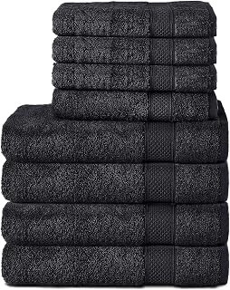 Komfortec Juego de 8 Toallas de Mano de 100% algodón, 4 Toallas de baño de 70 x 140 cm y 4 Toallas de Mano de 50 x 100 cm, Rizo Suave, Grande, Color Negro