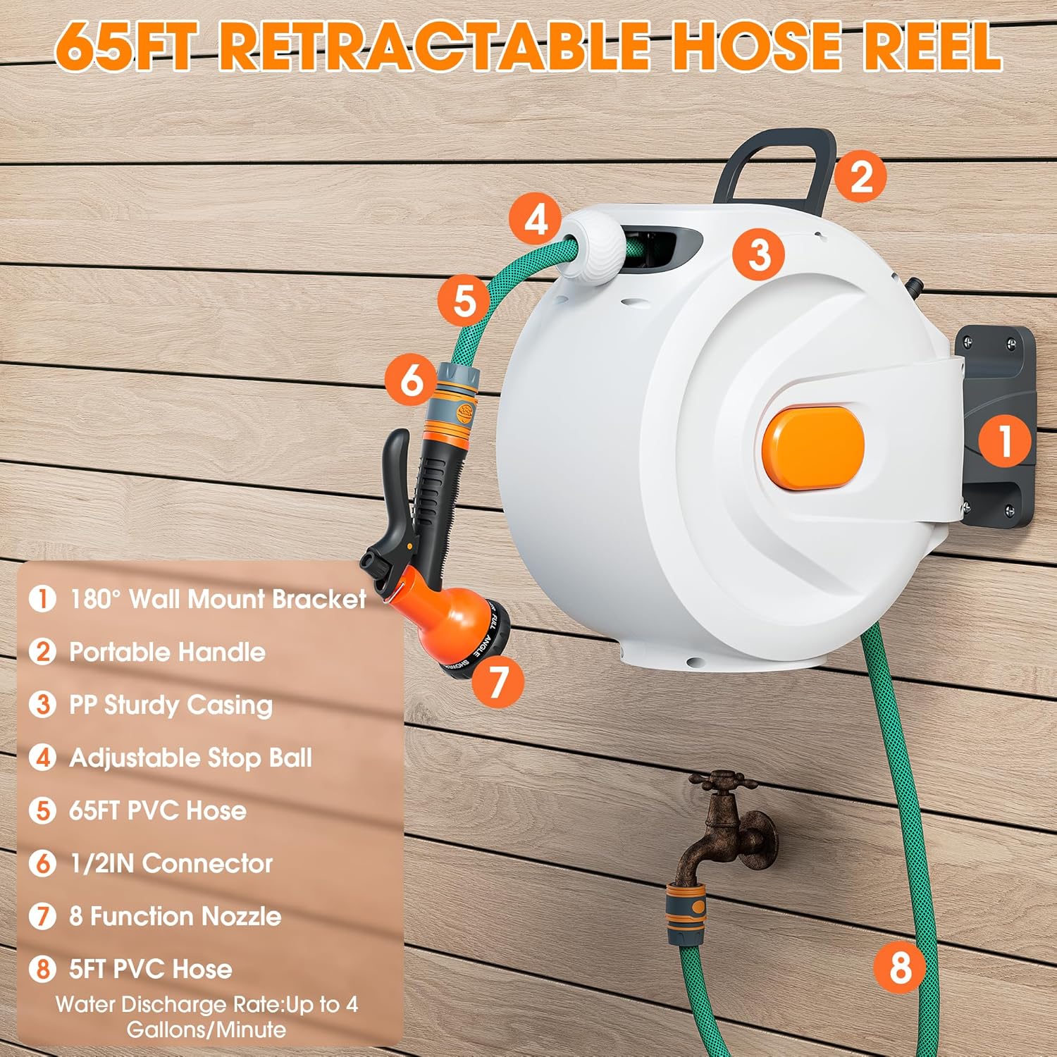 Retractable Garden Hose Reel 1/2 in x 100 ft Wall Mounted, Auto Rewind with Slow Return & Any-Length Lock, No Kink Tangle-Free, 3/4 in Brass Connector, 180° Swivel, Heavy Duty Hose Reel for Outside
