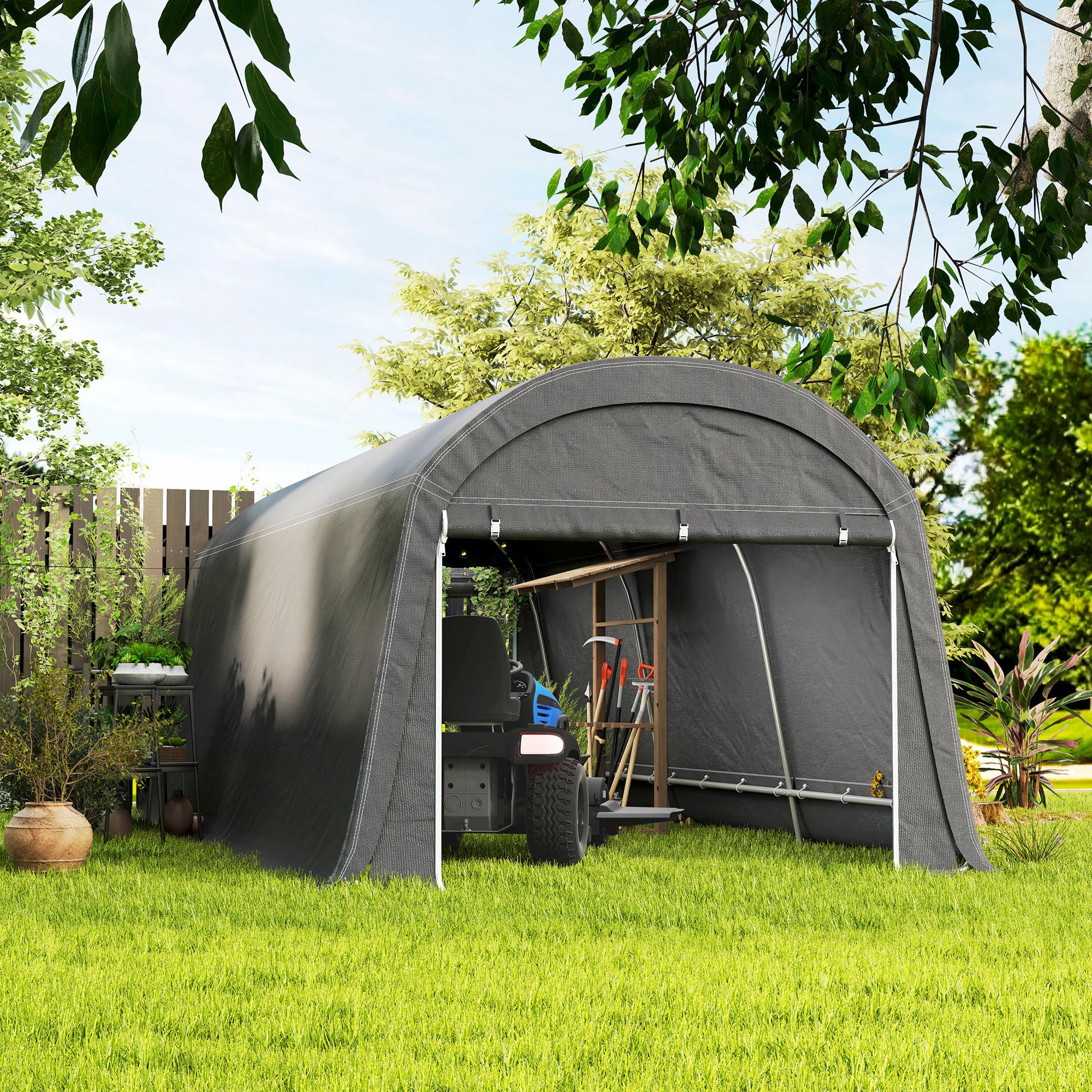 Outsunny 10' x 20' Portable Shed, Waterproof Motorcycle Bike Tent with Roll-up Zipper Door, Galvanised Steel Frame, Outdoor Storage Shed for Garden Tools, Dark Grey — view 6