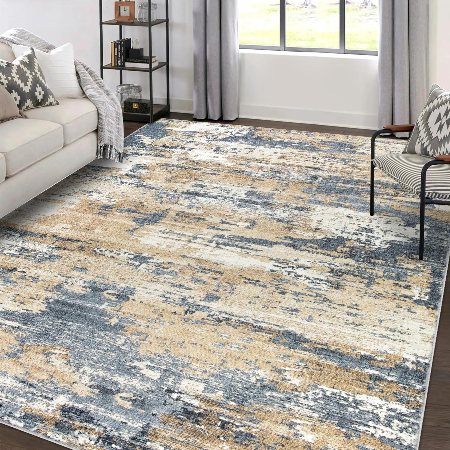Area Rugs 8x10 Living Room: Large Soft Washable Rug Modern Abstract Anti-Skid Non-Shedding Carpet Indoor Floor Thin Carpets for Bedroom Dining Room Farmhouse Nursery Home Office Brown Blue Brown/Blue 8'x10'