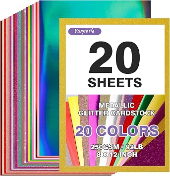 20 Sheets Metallic Glitter Cardstock Paper, 8" x 12" Color Shimmer Craft Paper, 250gsm Foil Mirror Sheets for DIY Arts & Crafts, Scrapbooking, Card Making & Party Invitations Classic