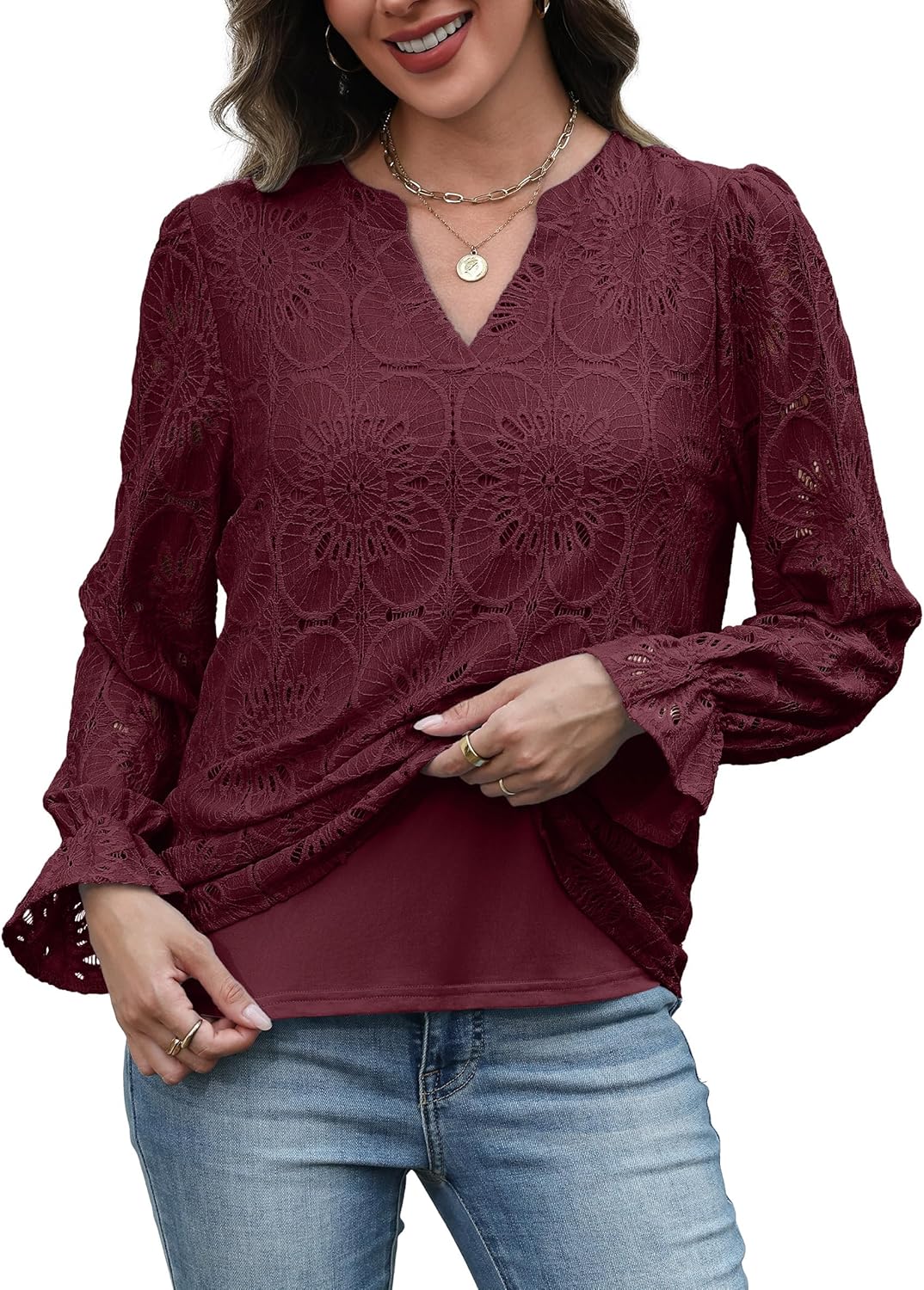 RUMIA Womens Blouses V Neck Eyelet Lace Tops with Lining Dressy Sheer Long Sleeve Shirts Embroidered Blouses 2025 Fashion - Image 3