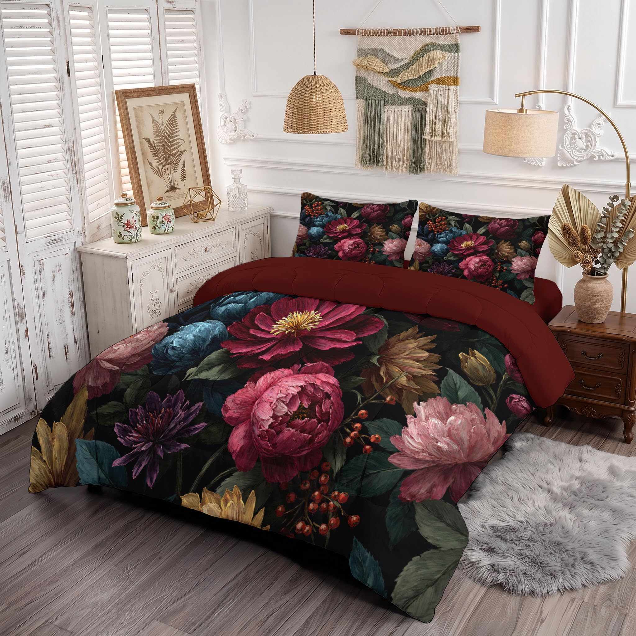 Bettdecke Retro-Ölgemälde Blumen 4-Jahreszeiten Steppdecke in 240x220 cm mit Pfingstrosen Beeren Zweige Blätter, Warme und Weiche Schlafdecke ohne Bezug mit Kissenbezügen, Ziegelrot