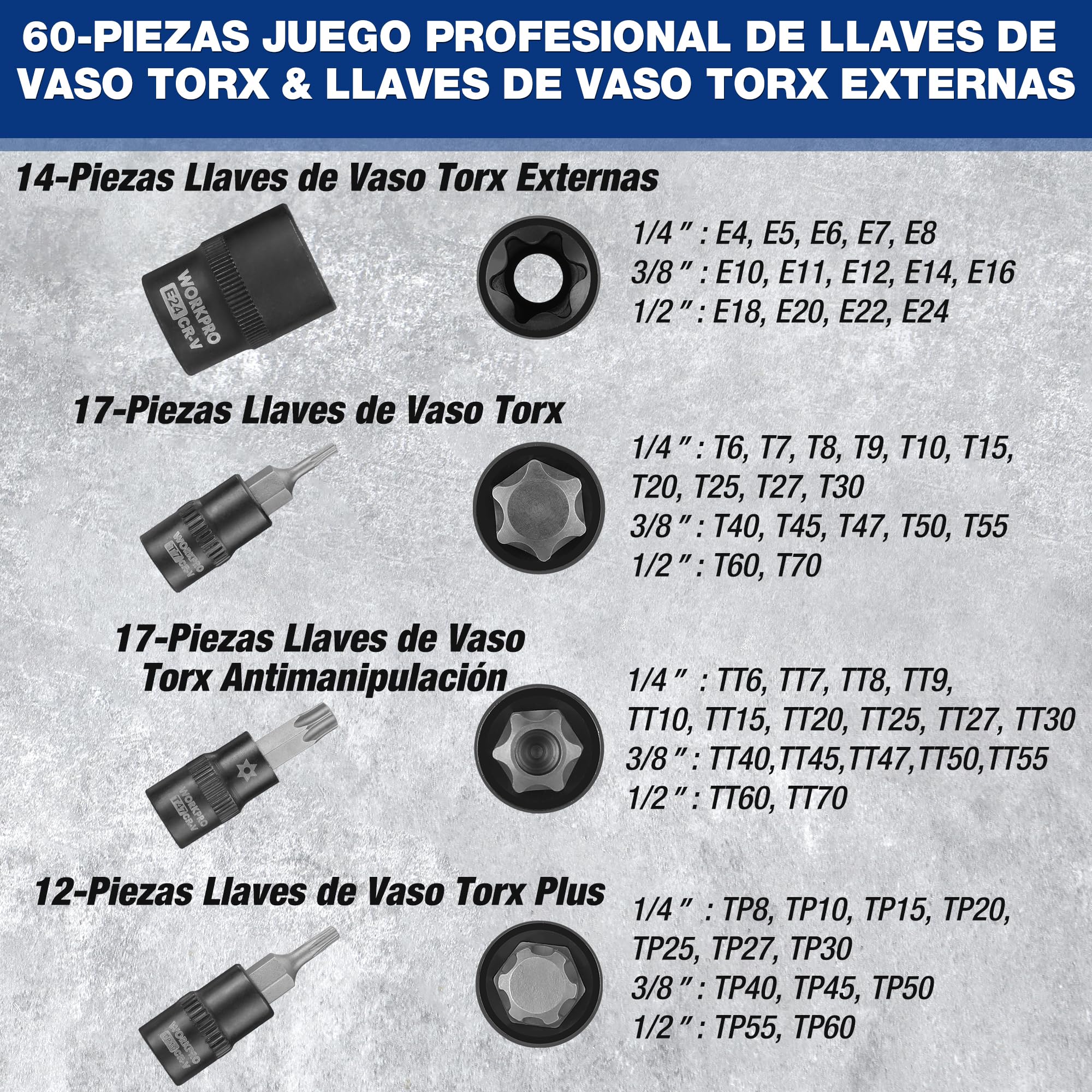 WORKPRO Juego de 60 Piezas de Llaves de Vaso y Puntas Torx, de 1/4", 3/8" y 1/2", Vasos Hembra E-Torx E4-E24, Vaso de Ajuste a Presión T6-T70, Acero Aleado Cr-V y S2