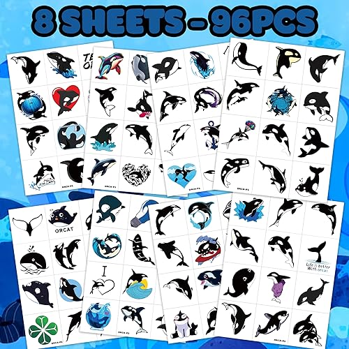 Miniatura 3 de 100 piezas de decoración de fiesta de cumpleaños de ballena orca, suministros de recuerdos de ballena asesina de mar, océano, tatuajes temporales,