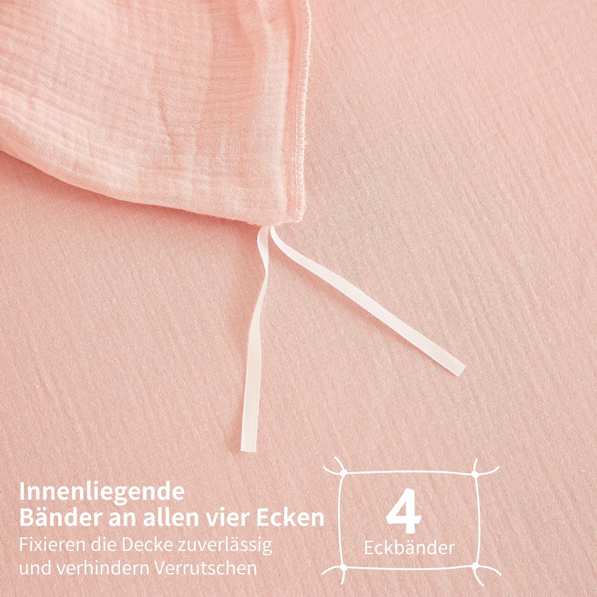 Doppelte Muslin Bettwäsche 135x200 Rosa 100% Baumwolle Bettwäsche Muslin Weich Atmungsaktiv Kuschelige Bettbezug Set 2teilig mit Reißverschluss und 80x80 cm Kissenbezug