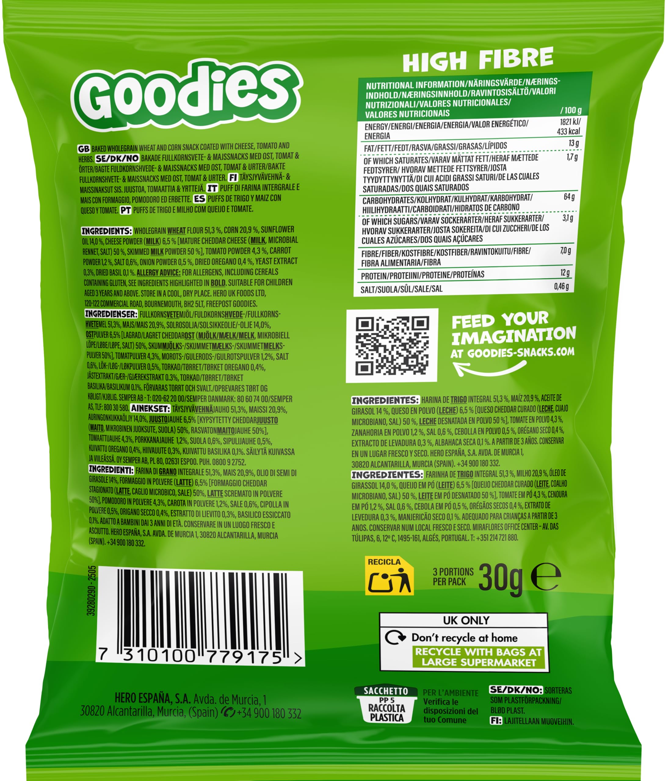 Goodies, Snack para Niños Sabor Pizza, Llama Puff Horneado con Trigo Integral y Queso, Forma Divertida, 30g