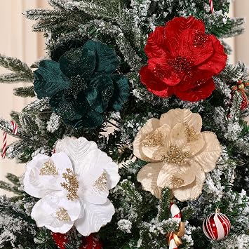 8.7’’ Large Glitter Christmas Flowers 6 Pcs Artificial Poinsettia Flower Velvet Christmas Tree Flower Ornaments Fold Floral for Christmas New Year Party Wedding Decor (Blackish Green)