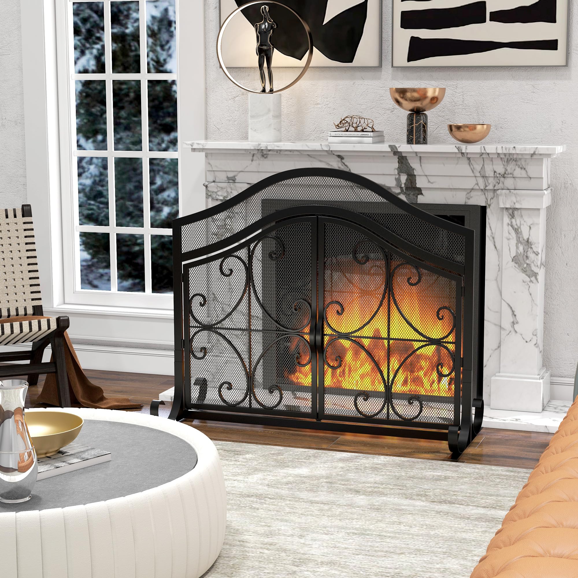 HOMCOM Pare-feu cheminée, Grille de Protection pour cheminée, Panneau Unique en Maille d'acier, Sommet arqué, avec Double Porte magnétiques, 105 x 40 x 80,5 cm, Noir