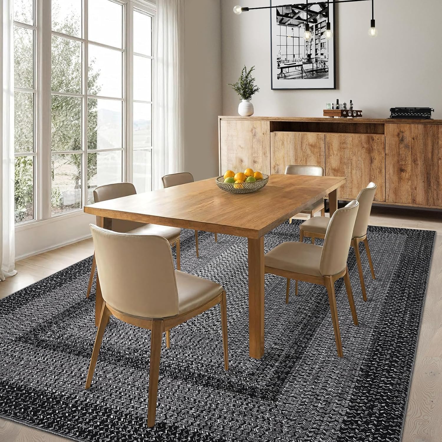 RUGSREAL Washable Rugs 5x7 Living Room Boho Throw Rug Stain Resistant Braided Print Border Large Carpet for Bedroom with Rubber Backing Low Pile Farmhouse Rustic Rug for Home Decor Office, Black Black 5' x 7' (Rectangular)