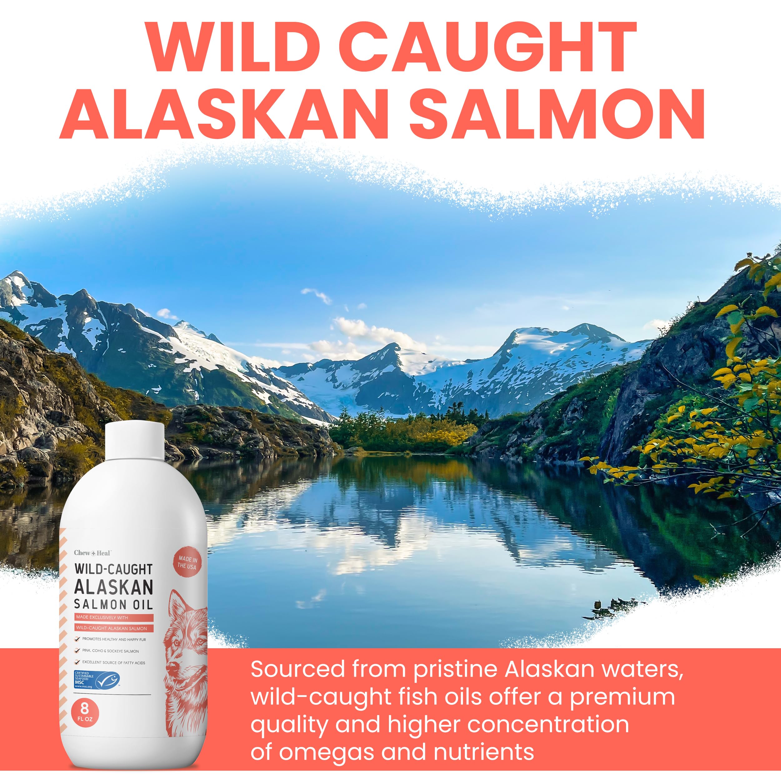 Alaskan Salmon Oil for Dogs and Cats 8oz - Fish Oil Omega 3 EPA & DHA for Skin and Coat, Shedding, Itchy Skin and Allergies, Joint Support - Liquid with Pump, MSC Certified, Made in USA - Chew + Heal — Amazon image 4