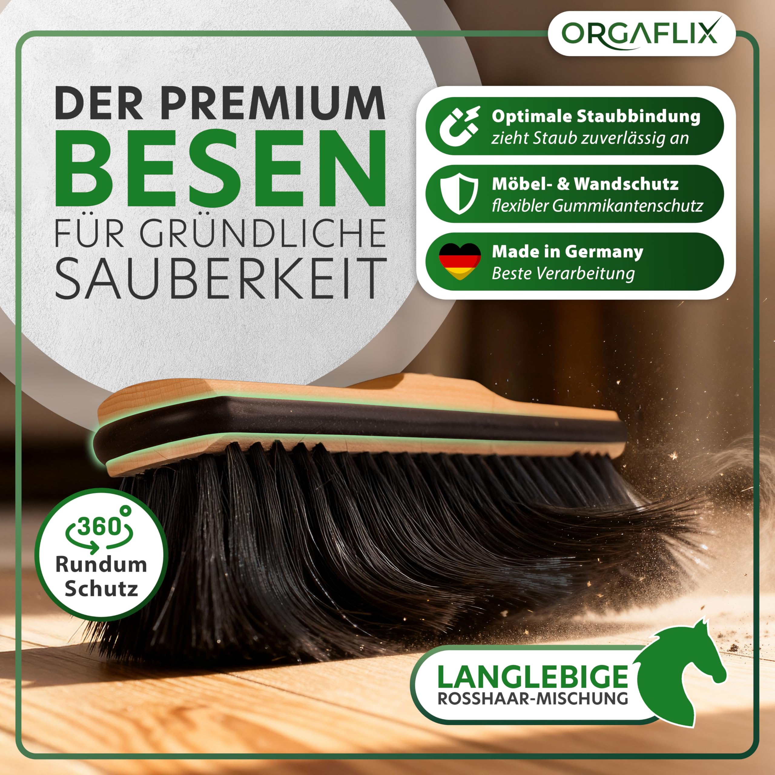 ORGAFLIX Scopa Premium con manico, scopa con protezione dei bordi per casa e cucina, testa della scopa da 28 cm con miscela di capelli di cavallo, filettatura antiruggine da 24 mm, scopa prodotta in