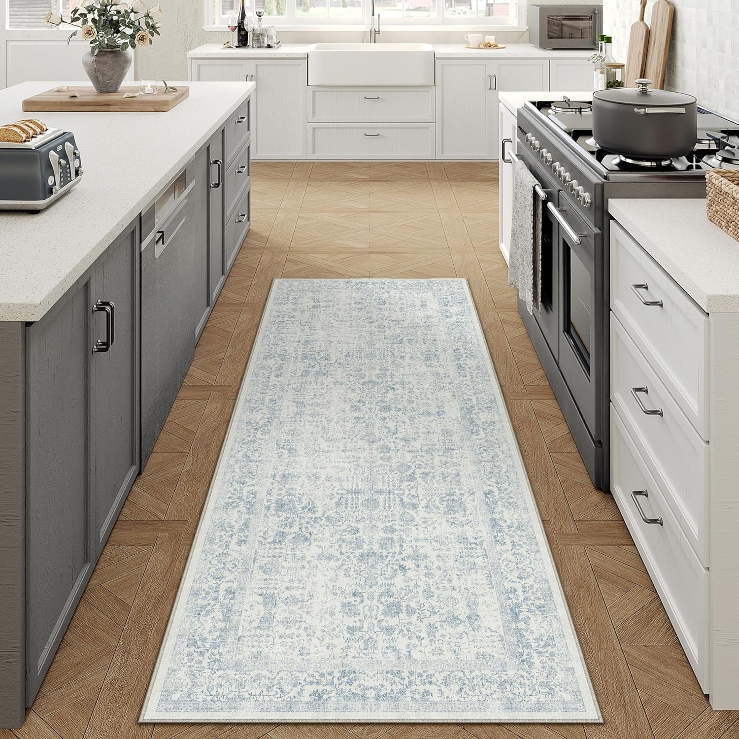 PureCozy Blue Runner Rug 2x6 Hallway Machine Washable Kitchen Vintage Distressed Non Slip Long Carpet Indoor Retro Floral Bedroom Accent Throw Rug for Bathroom Office Laundry Dining Room