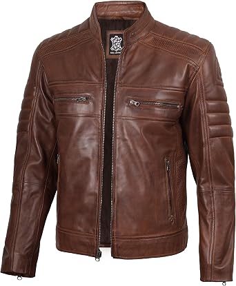 fjackets Leather Jacket Men Real Lambskin Cafe Racer Moto Style, Stand Collar Zip Up Jacket