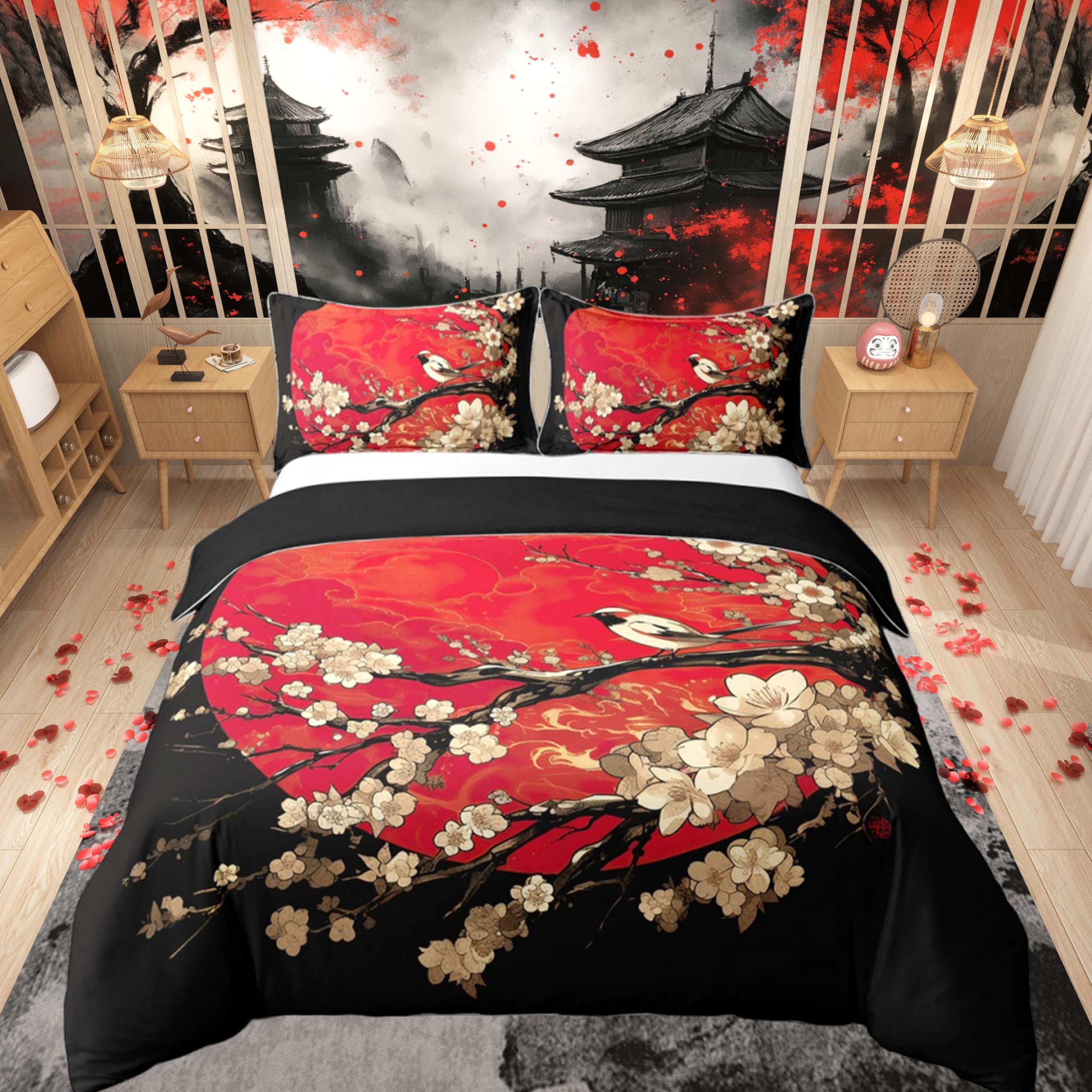 Japanisches Ukiyoe Thema, 100 % Baumwolle, Bettwäsche für Kinder, Erwachsene, Mädchen, Frauen, japanischer Stil, Bettbezug 240 x 260 cm, Kirschblüten, Bettwäsche-Set