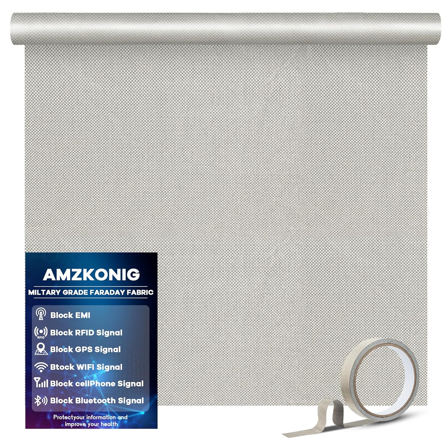 Faraday Fabric 43” x 196.8”, Military Grade Signal Blocking Cloth Shields, Conductive Material Cover for WiFi, Cell, Bluetooth, RFID, EMP Protection with Faraday Tape