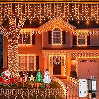 Vista 16 de JMEXSUSS 400 luces LED de Navidad de carámbano de 38.8 pies con control remoto, tira de luces multicolor para exteriores enchufables, 8 modos