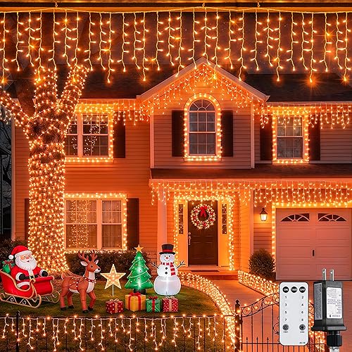 Miniatura 15 de JMEXSUSS 400 luces LED de Navidad de carámbano de 38.8 pies con control remoto, tira de luces multicolor para exteriores enchufables, 8 modos para