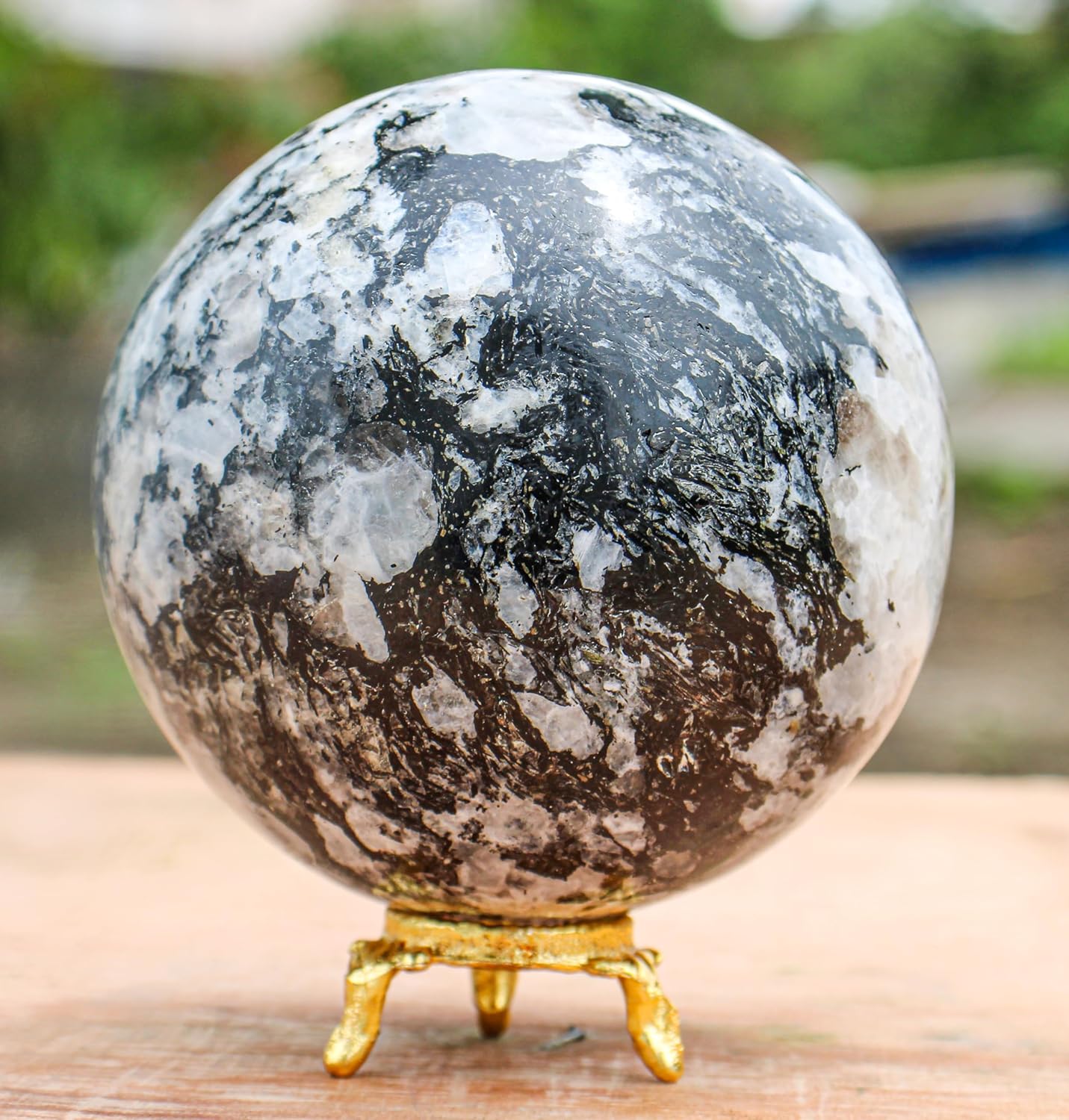 Polished White & Black Rainbow Moonstone Sphere – 90mm Crystal Healing Ball | Gemstone Sphere for Grounding Metaphysical Home Décor Energy Healing Meditation Feng Shui