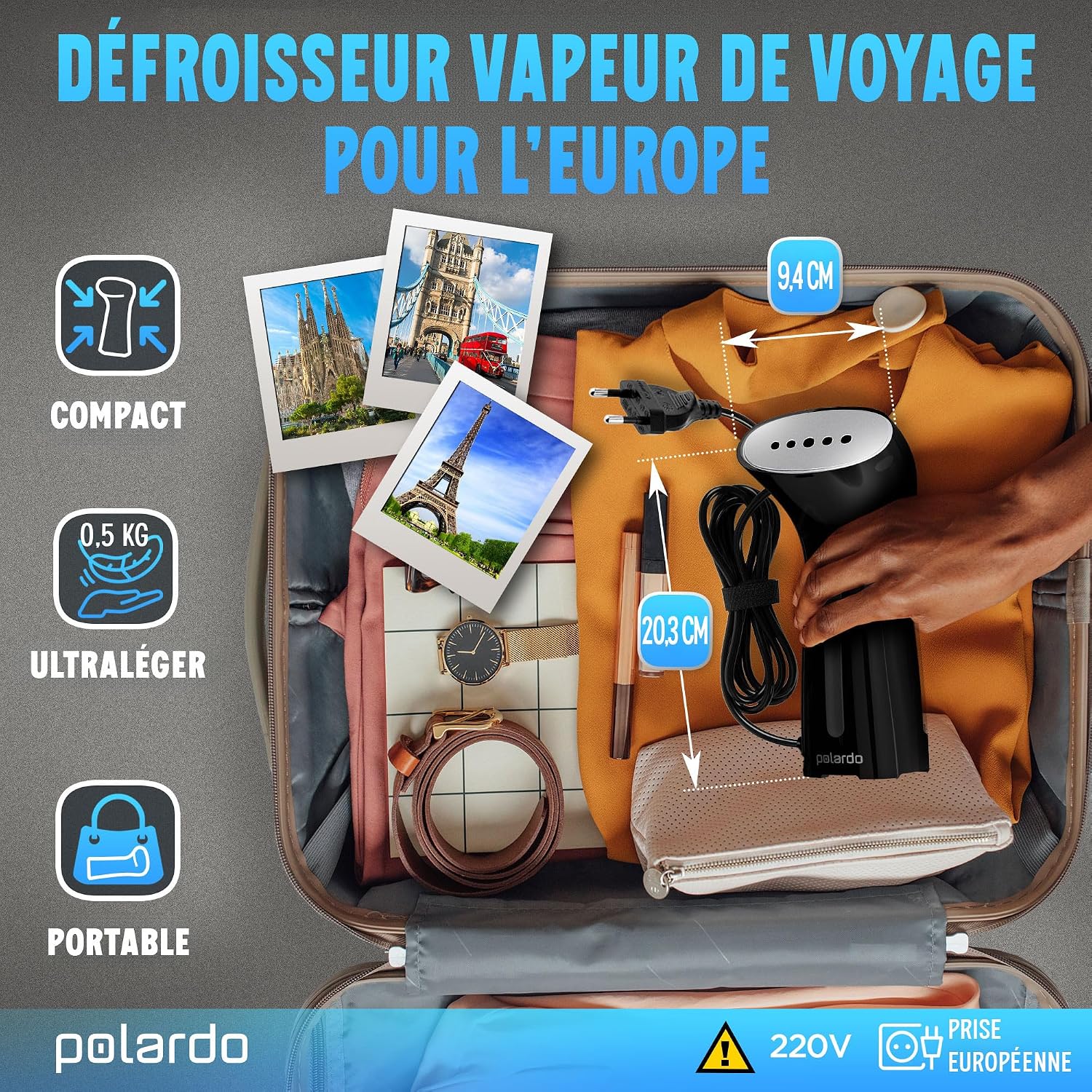 Polardo Steamer packed in a suitcase with travel items, showing its compact and portable design. The image shows labels in German/French: 'Travel Steamer for Europe', 'Compact', 'Ultralight', 'Portable', '220V European Plug'.