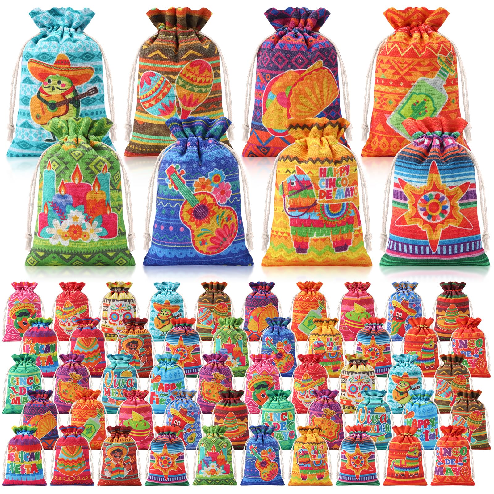 SilTriangle 50 Pcs Mexican Candy Bags 4 x 6 Inch Ethnic Style Mini Cloth Drawstring Gift Bag Reusable Cotton Jewelry Goodie Pouches for Mexican Fiesta