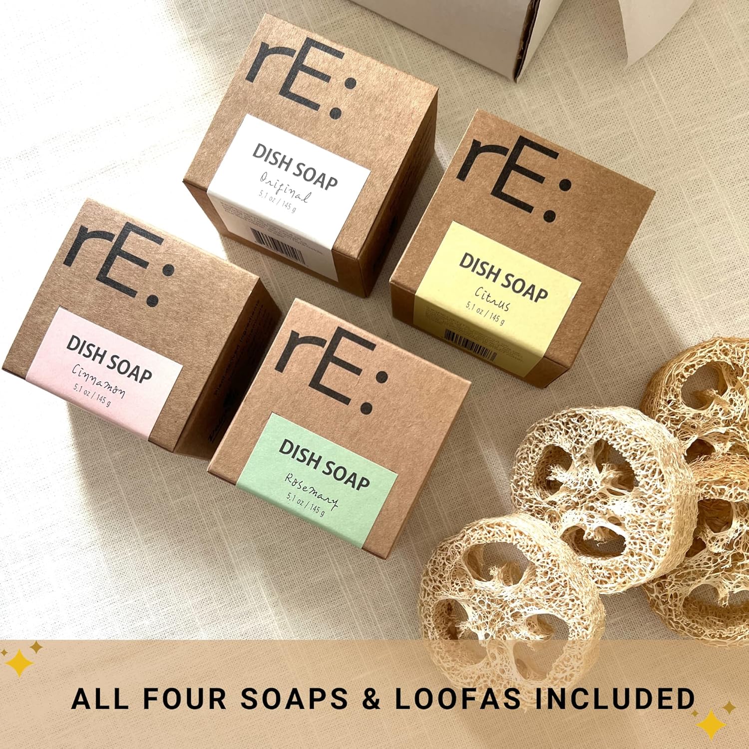 RE: REKURATOR Dishwashing Soap with Loofah Sponge – Eco-Friendly, Gentle, Plant-Based Dish Bar, No Artificial Dyes or Fragrance 4 pk (Cinnamon, Citrus, Unscented and Rosemary)