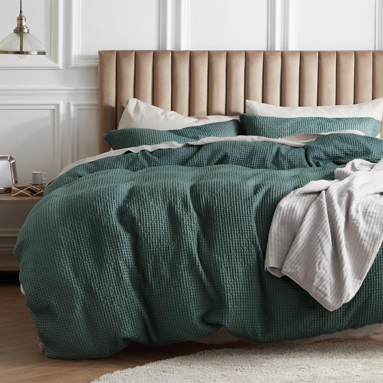 Bedsure Cotton Duvet Cover Queen - 100% Cotton Waffle Weave Forest Green Duvet Cover Queen Size, GentleSoft™ and Breathable Bedding Set for All Season, 3 Pieces, 90"x90" Queen (90" x 90") 13 - Forest Green (No Comforter)